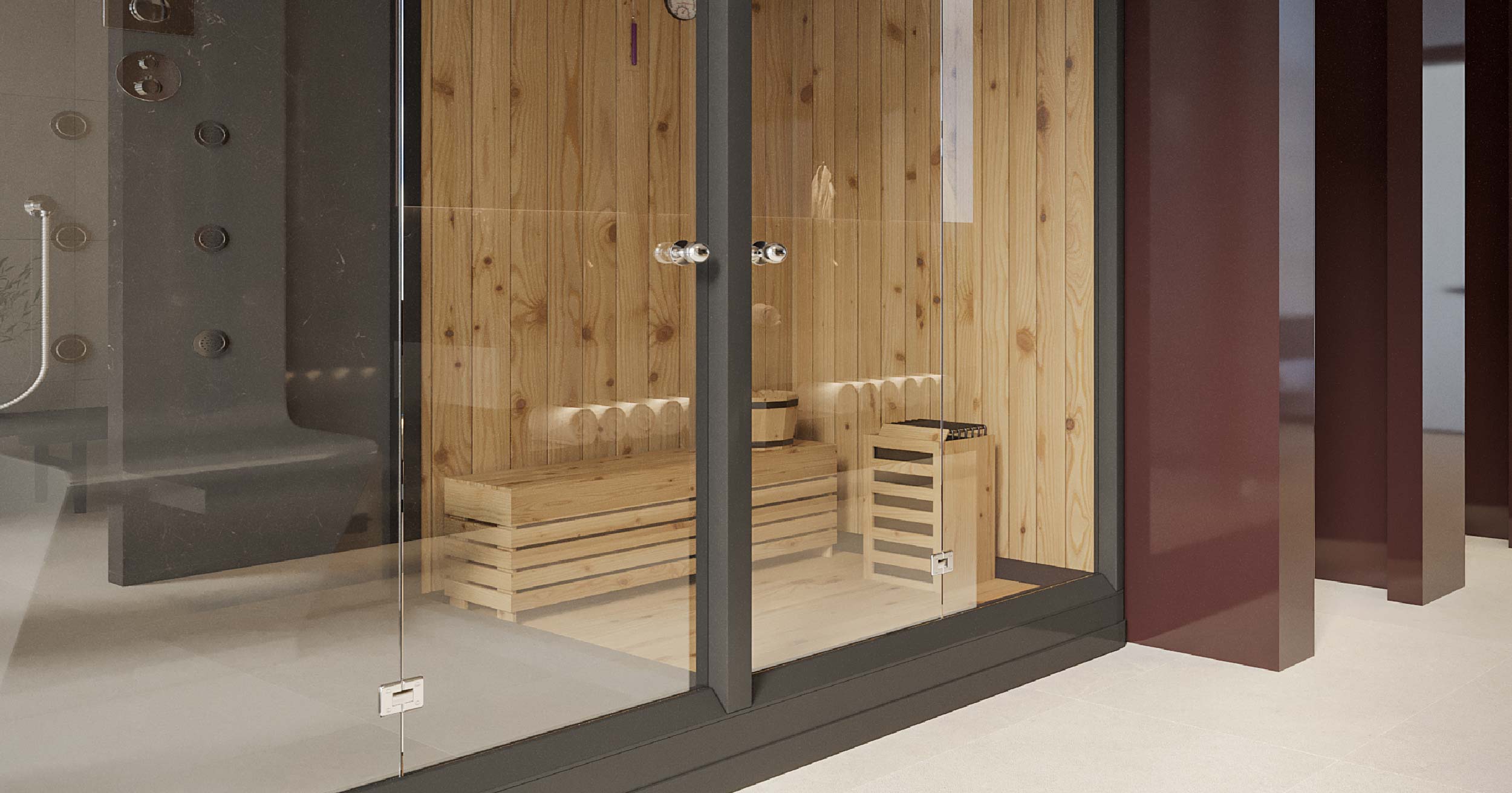 Luxor By Imtiaz A modern sauna featuring wooden interiors, glass doors, and minimalistic design elements for a relaxing atmosphere.
